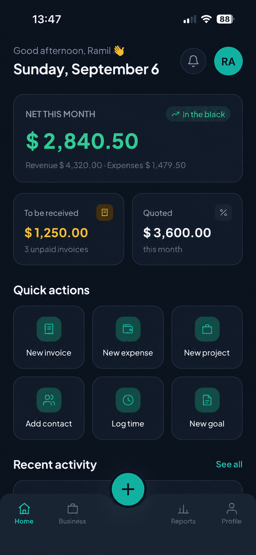 FiniPad home screen showing net profit for the month and quick actions