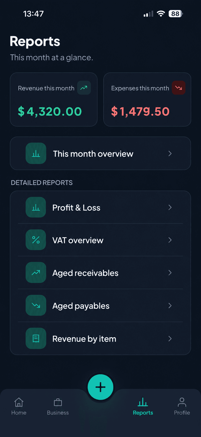 FiniPad reports screen with revenue, expenses and detailed reports